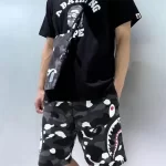 BAPE 夜光拼接鯊魚短褲 黑迷彩