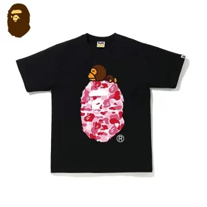 BAPE 童裝 粉色迷彩大猿人頭小睡猴印花短袖T恤-黑色
