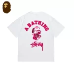 Stussy × BAPE 聯名款 桃紅LOGO印花短袖T恤-白色
