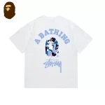Stussy × BAPE 聯名款 藍色迷彩LOGO印花短袖T恤-白色