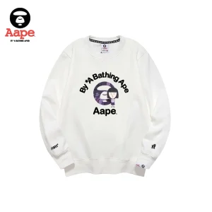 AAPE BY A BATHING APE紫猿人頭卡通人偶｜大學T｜白色-正面