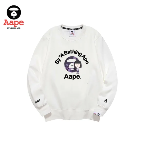 AAPE BY A BATHING APE紫猿人頭卡通人偶｜大學T｜白色-正面