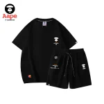 AAPE UNIVERSE橘白字母｜短袖短褲兩件套｜黑色