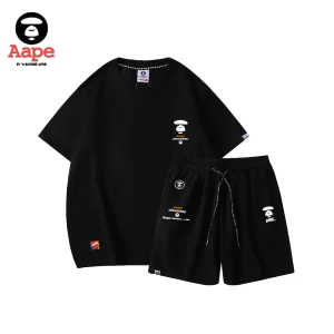 AAPE UNIVERSE橘白字母｜短袖短褲兩件套｜黑色