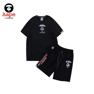 AAPE 銀色反光猿人頭印花｜短袖短褲兩件套｜黑色