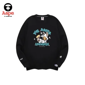 AAPE兔耳連帽猿人印花｜圓領衛衣｜黑色-正面