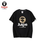 AAPE卡其迷彩猿人頭LOGO｜短袖T恤｜黑色-正面