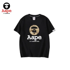 AAPE卡其迷彩猿人頭LOGO｜短袖T恤｜黑色-正面