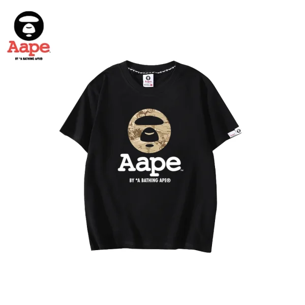 AAPE卡其迷彩猿人頭LOGO｜短袖T恤｜黑色-正面
