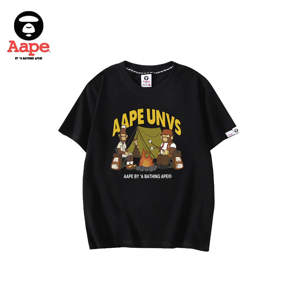 AAPE卡通猿人營火露營印花｜短袖T恤｜白色/黑色