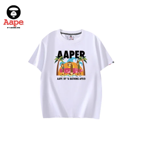 AAPE夏日椰樹卡通猿人印花｜短袖T恤｜白色-正面