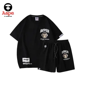 AAPE弧形字母棕色猿人頭｜短袖短褲兩件套｜黑色