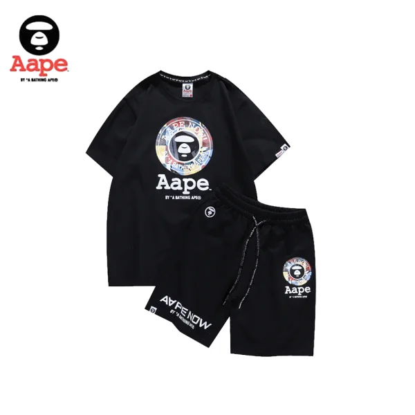 AAPE彩色圓章猿人頭印花｜短袖短褲兩件套｜黑色