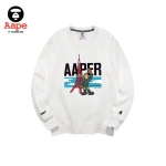 AAPE東京鐵塔卡通猿人印花｜圓領衛衣｜白色-正面