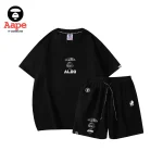AAPE灰迷彩猿人頭印花｜短袖短褲兩件套｜黑色