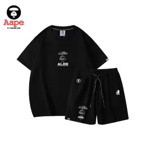 AAPE灰迷彩猿人頭印花｜短袖短褲兩件套｜黑色