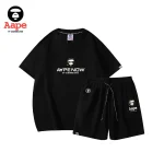 AAPE白色猿人頭小標｜短袖短褲兩件套｜黑色