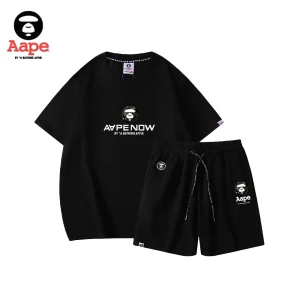 AAPE白色猿人頭小標｜短袖短褲兩件套｜黑色