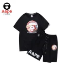 AAPE紅色拼貼猿人頭印花｜短袖短褲兩件套｜黑色