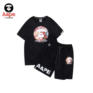 AAPE紅色拼貼猿人頭印花｜短袖短褲兩件套｜黑色