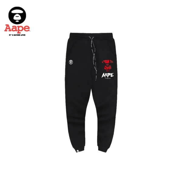 AAPE紅黑迷彩猿人LOGO｜束口長褲｜黑色-正面