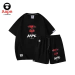 AAPE紅黑迷彩猿人塗鴉字母｜短袖短褲兩件套｜黑色
