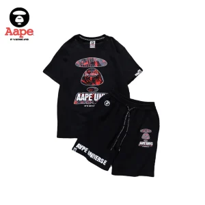 AAPE紅黑迷彩猿人頭印花｜短袖短褲兩件套｜黑色