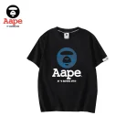 AAPE藍迷彩猿人頭大字母圖案｜短袖T恤｜黑色-正面