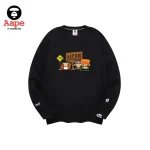 AAPE趣味路牌卡通猿人印花｜圓領衛衣｜黑色-正面