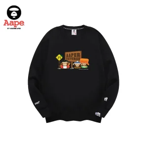 AAPE趣味路牌卡通猿人印花｜圓領衛衣｜黑色-正面