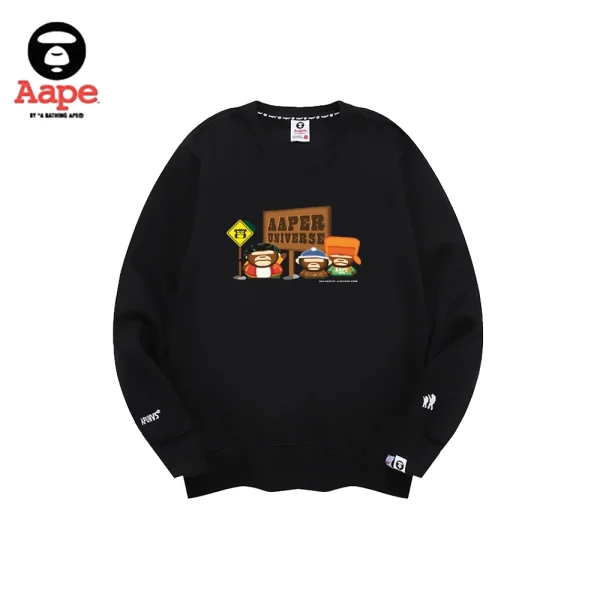 AAPE趣味路牌卡通猿人印花｜圓領衛衣｜黑色-正面