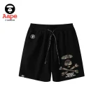 AAPE軍綠迷彩交叉骨LOGO｜鬆緊短褲｜黑色-正面