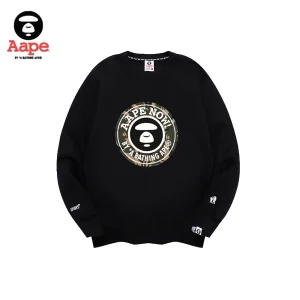 AAPE軍綠迷彩圓形徽章印花｜圓領衛衣｜黑色-正面