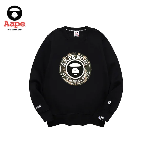 AAPE軍綠迷彩圓形徽章印花｜圓領衛衣｜黑色-正面