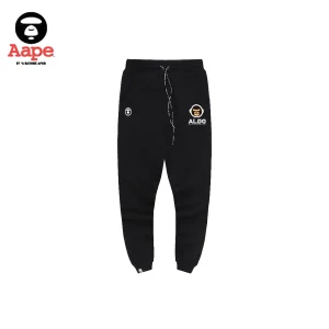 AAPE雙猿人LOGO印花｜束口運動長褲｜黑色-正面