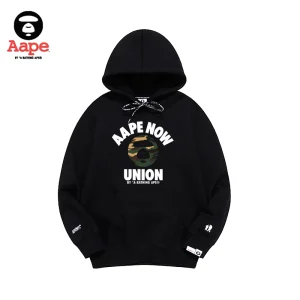 Aape Now連帽衛衣｜軍綠猿人頭字母印花｜黑色-正面