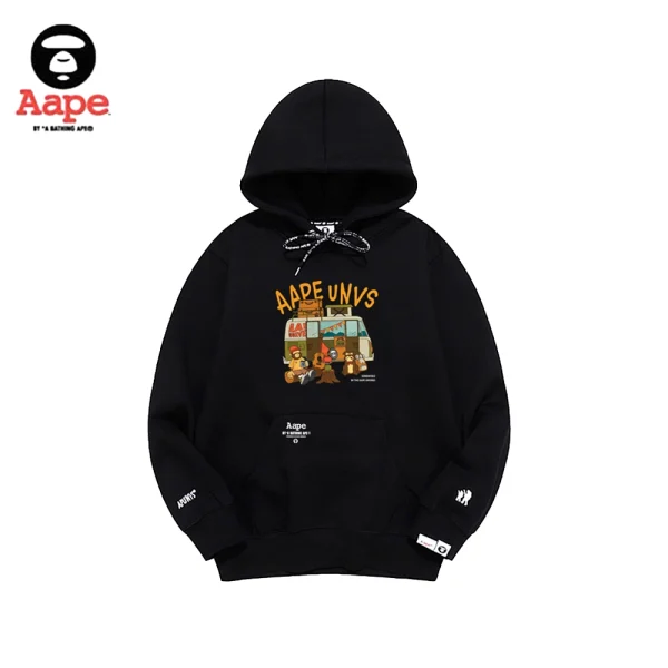 Aape Unvs連帽衛衣｜卡通旅行汽車猿顏印花｜黑色-正面