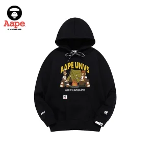 Aape Unvs連帽衛衣｜卡通猿猴戶外野營｜黑色-正面