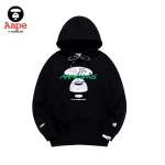 Aape Unvs連帽衛衣｜綠字母猿人頭印花｜黑色-正面