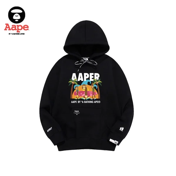 Aaper連帽衛衣｜卡通夏威夷旅行猿猴印花｜黑色-正面