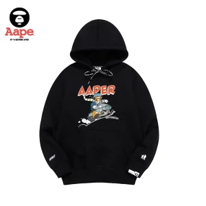 Aape猿顏雪橇字母印花｜連帽衛衣｜黑色-正面