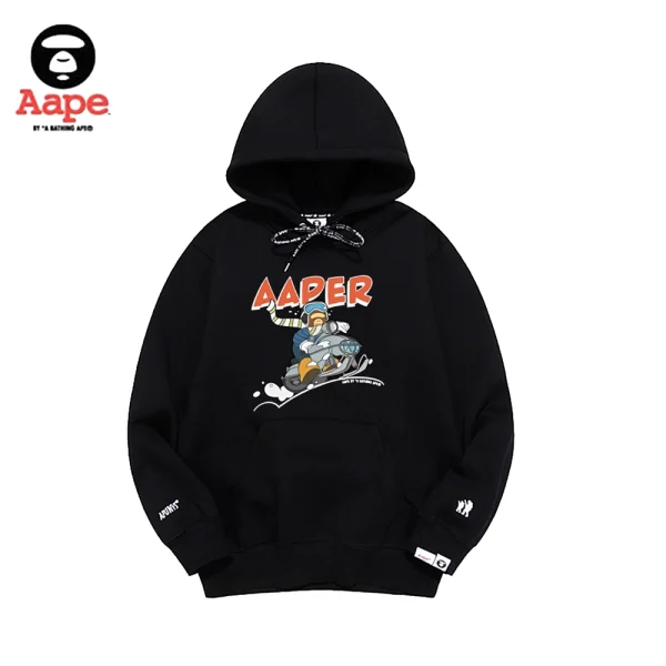 Aape猿顏雪橇字母印花｜連帽衛衣｜黑色-正面