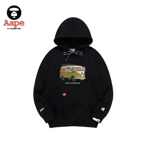 Aape連帽衛衣｜卡通汽車出行猿顏印花｜黑色-正面