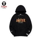 Aape連帽衛衣｜卡通猿顏橙字母印花｜黑色-正面