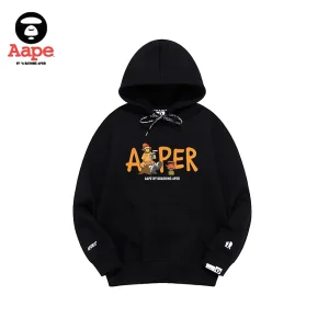 Aape連帽衛衣｜卡通猿顏橙字母印花｜黑色-正面