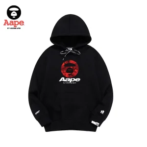 Aape連帽衛衣｜紅迷彩猿人頭字母印花｜黑色-正面