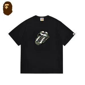 BAPE短袖T恤｜綠迷彩舌頭印花｜黑色